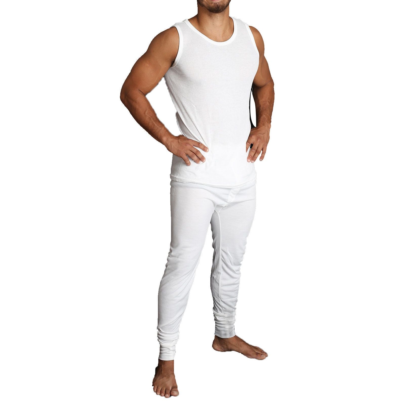 2pcs Set Mens Merino Wool Blend Thermal Singlet Top & Pants Underwear Thermals - Beige - M