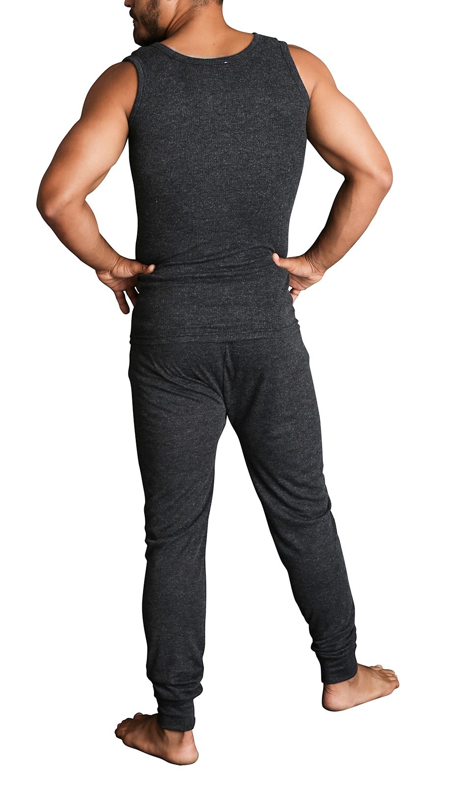 2pcs Set Mens Merino Wool Blend Thermal Singlet Top & Pants Underwear Thermals - Black - XXL