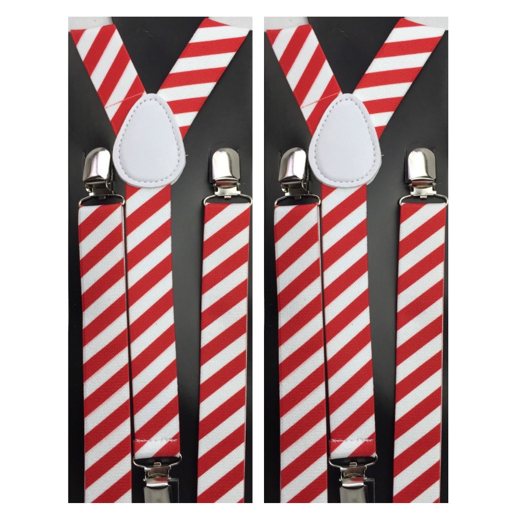 2x Mens Suspenders Braces Adjustable Strong Clip On Elastic Formal Wedding Slim - Red/White Diagonal Stripes V563-2SLIMSUSPEND-REDWHTDIASTR