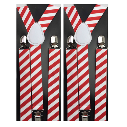 2x Mens Suspenders Braces Adjustable Strong Clip On Elastic Formal Wedding Slim - Red/White Diagonal Stripes V563-2SLIMSUSPEND-REDWHTDIASTR