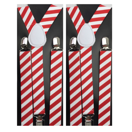 2x Mens Suspenders Braces Adjustable Strong Clip On Elastic Formal Wedding Slim - Red/White Diagonal Stripes V563-2SLIMSUSPEND-REDWHTDIASTR