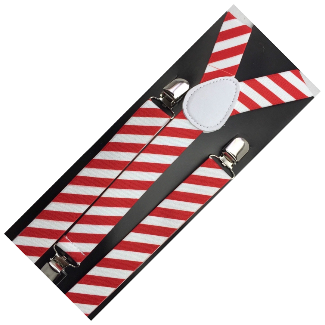 2x Mens Suspenders Braces Adjustable Strong Clip On Elastic Formal Wedding Slim - Red/White Diagonal Stripes V563-2SLIMSUSPEND-REDWHTDIASTR