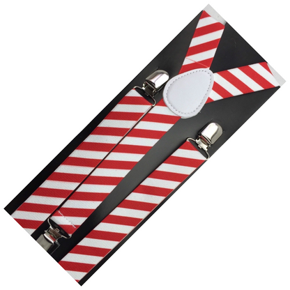 2x Mens Suspenders Braces Adjustable Strong Clip On Elastic Formal Wedding Slim - Red/White Diagonal Stripes V563-2SLIMSUSPEND-REDWHTDIASTR