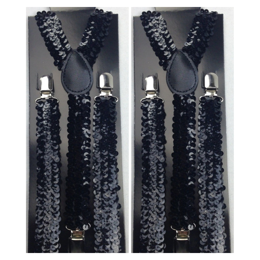2x Mens Suspenders Braces Adjustable Strong Clip On Elastic Formal Wedding Slim - Black (Sequin) V563-2SLIMSUSPENDERS-BLKSEQN