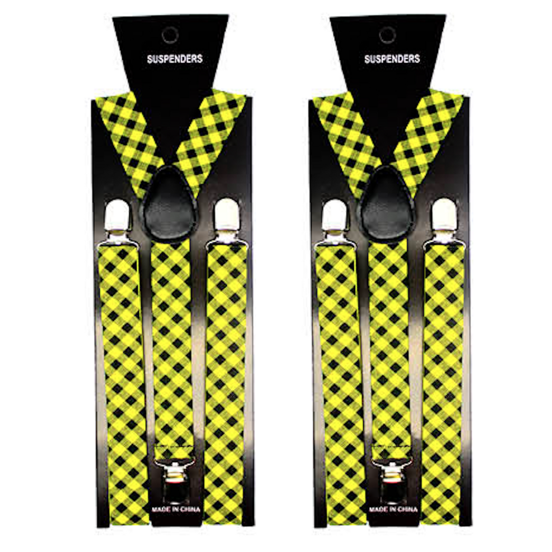 2x Mens Suspenders Braces Adjustable Strong Clip On Elastic Formal Wedding Slim - Black/Yellow Check V563-2SLIMSUSPENDERS-BLKYLWCHK