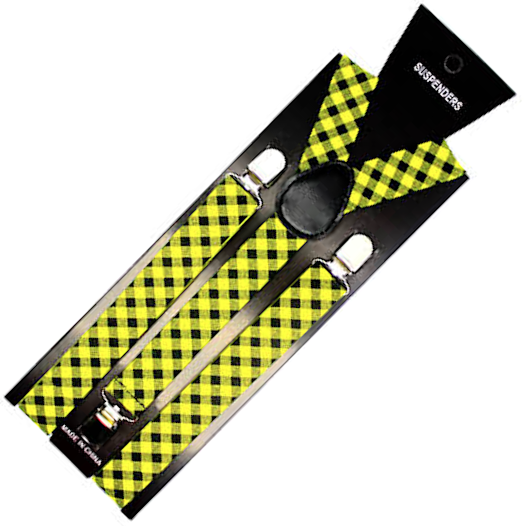 2x Mens Suspenders Braces Adjustable Strong Clip On Elastic Formal Wedding Slim - Black/Yellow Check V563-2SLIMSUSPENDERS-BLKYLWCHK