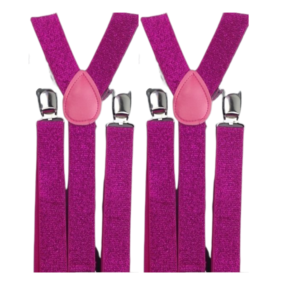 2x Mens Suspenders Braces Adjustable Strong Clip On Elastic Formal Wedding Slim - Hot Pink (Glitter) V563-2SLIMSUSPENDERS-HTPNKGLIT