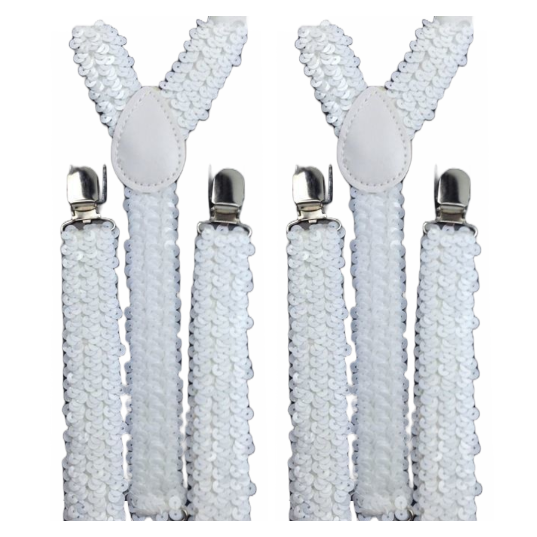 2x Mens Suspenders Braces Adjustable Strong Clip On Elastic Formal Wedding Slim - White (Sequin) V563-2SLIMSUSPENDERS-WHTSEQN