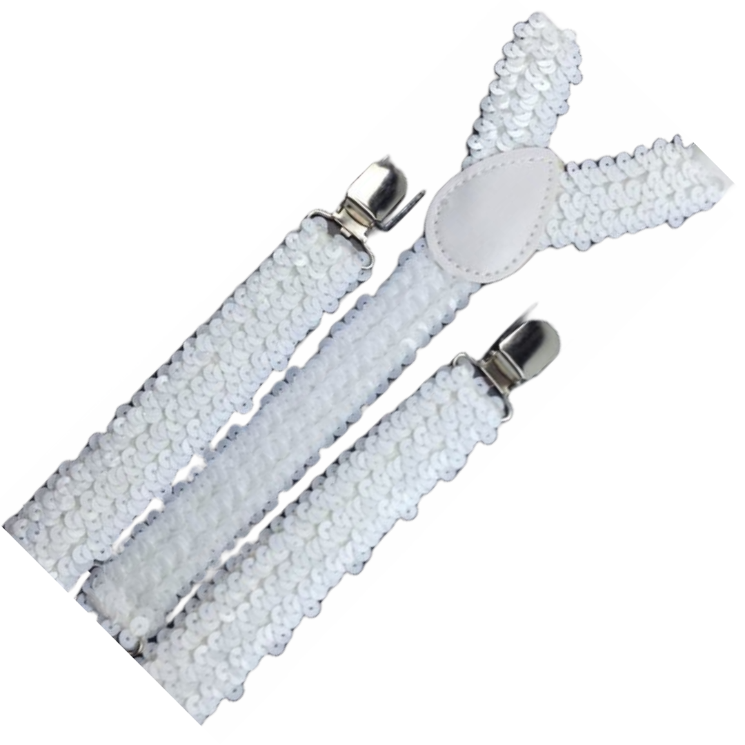 2x Mens Suspenders Braces Adjustable Strong Clip On Elastic Formal Wedding Slim - White (Sequin) V563-2SLIMSUSPENDERS-WHTSEQN