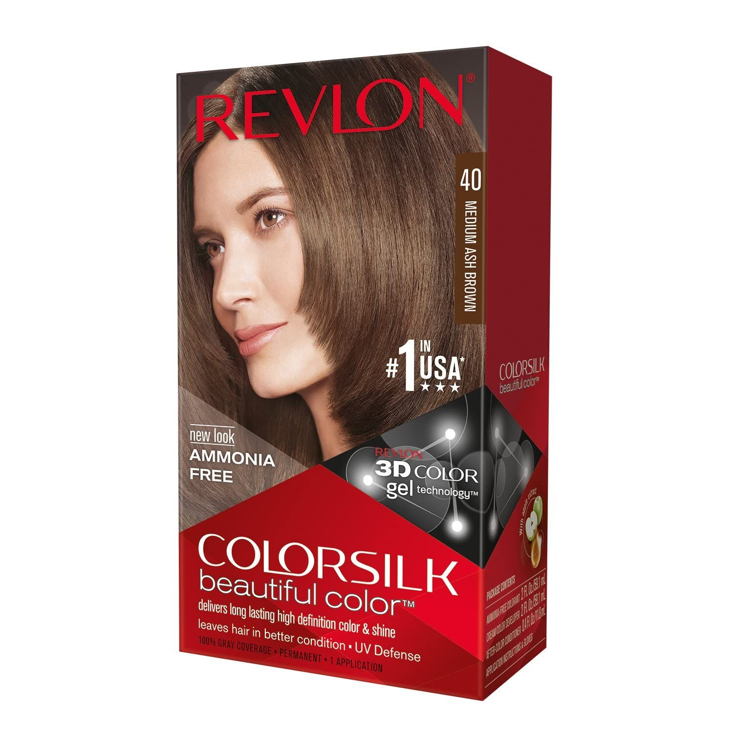 Revlon ColorSilk Beautiful 3D Permanent Hair Colour Keratin - 40 Medium Ash Brown V563-309978695400