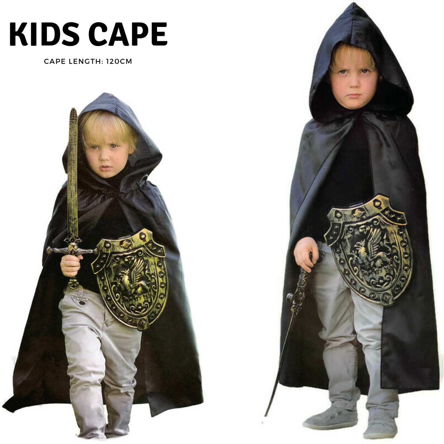 Kids Cape Cloak Hooded Robe Halloween Vampire Witch Wizard 120cm Hood - Black V563-3190