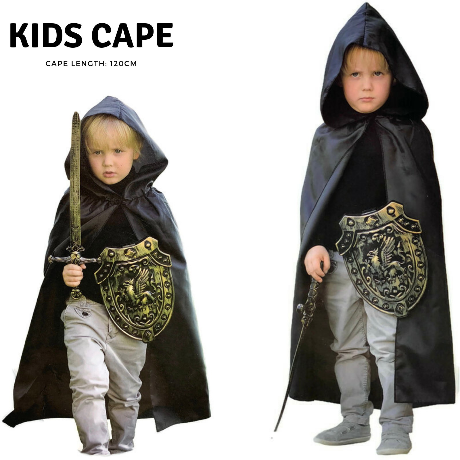 Kids Cape Cloak Hooded Robe Halloween Vampire Witch Wizard 120cm Hood - Black V563-3190