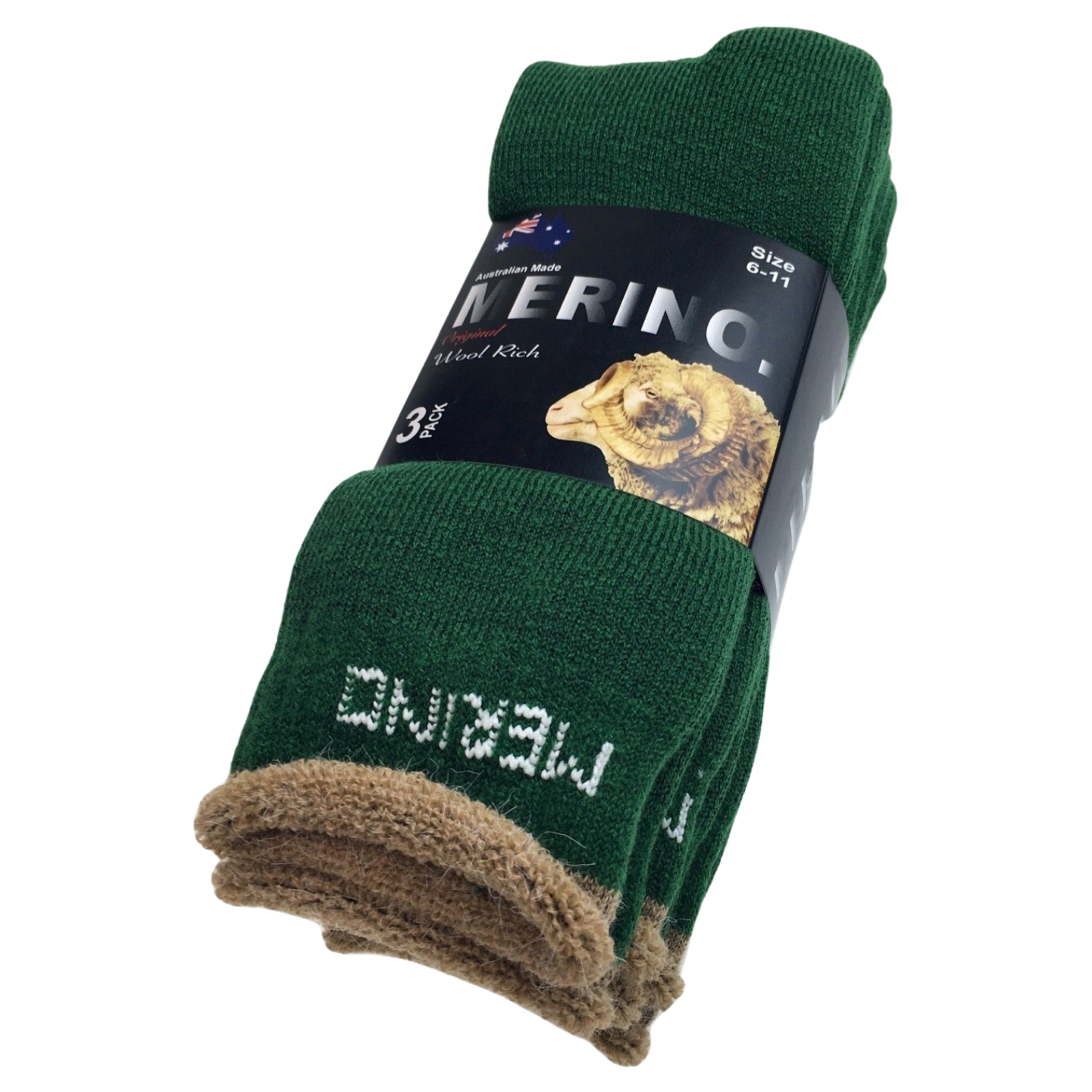 3 Pairs MERINO WOOL SOCKS Mens Heavy Duty Premium Thick Work Socks Cushion - Green - 6-11 V563-3AUSOCKS-GRN-SIZE6-11