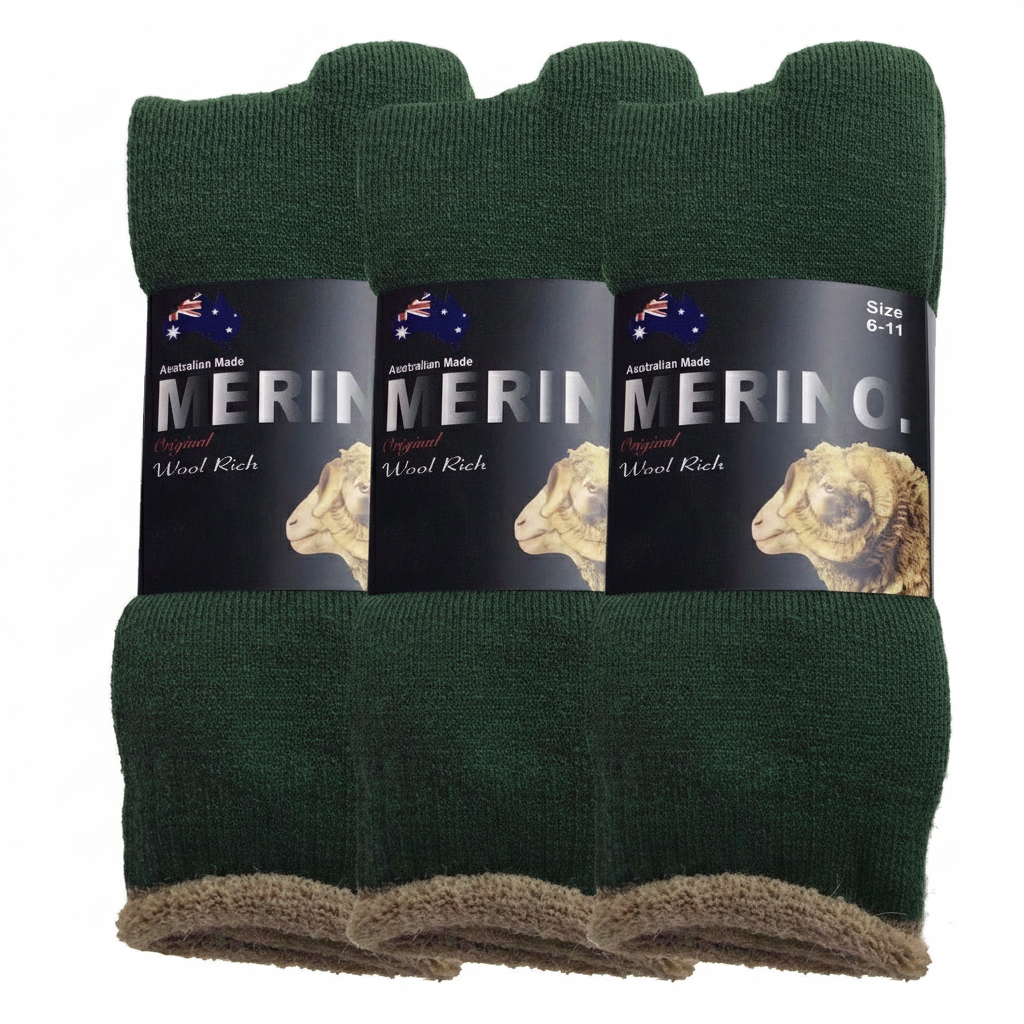 3 Pairs MERINO WOOL SOCKS Mens Heavy Duty Premium Thick Work Socks Cushion - Green - 6-11 V563-3AUSOCKS-GRN-SIZE6-11