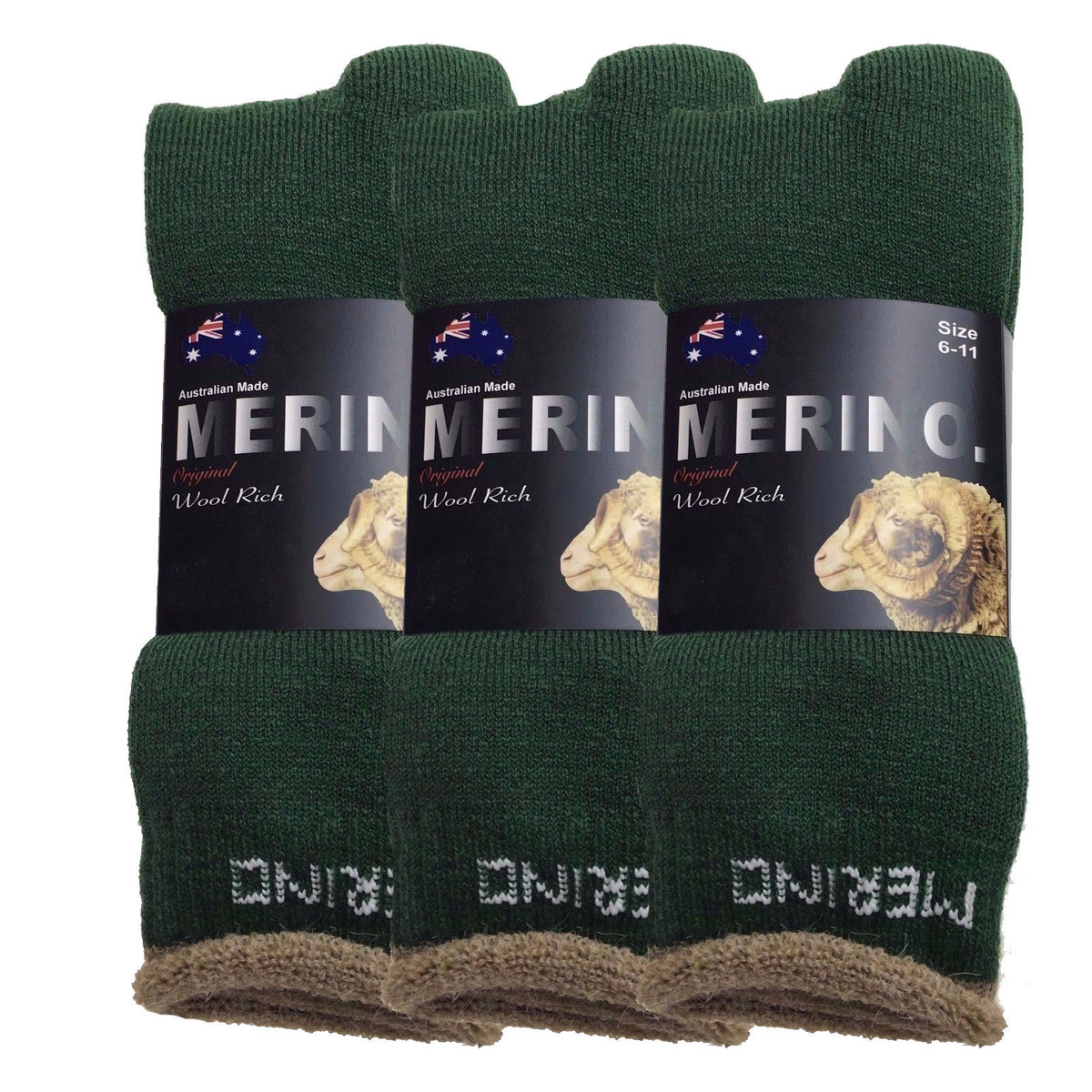 3 Pairs MERINO WOOL SOCKS Mens Heavy Duty Premium Thick Work Socks Cushion - Green - 11-14 V563-3AUSOCKS-GRN-SZE11-14