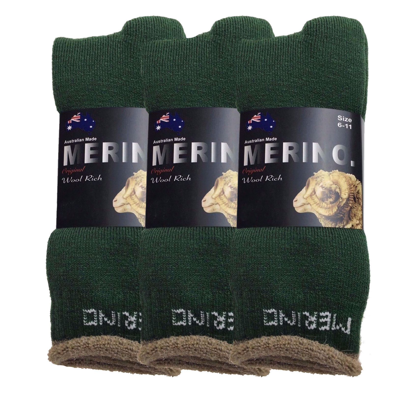 3 Pairs MERINO WOOL SOCKS Mens Heavy Duty Premium Thick Work Socks Cushion - Green - 11-14 V563-3AUSOCKS-GRN-SZE11-14