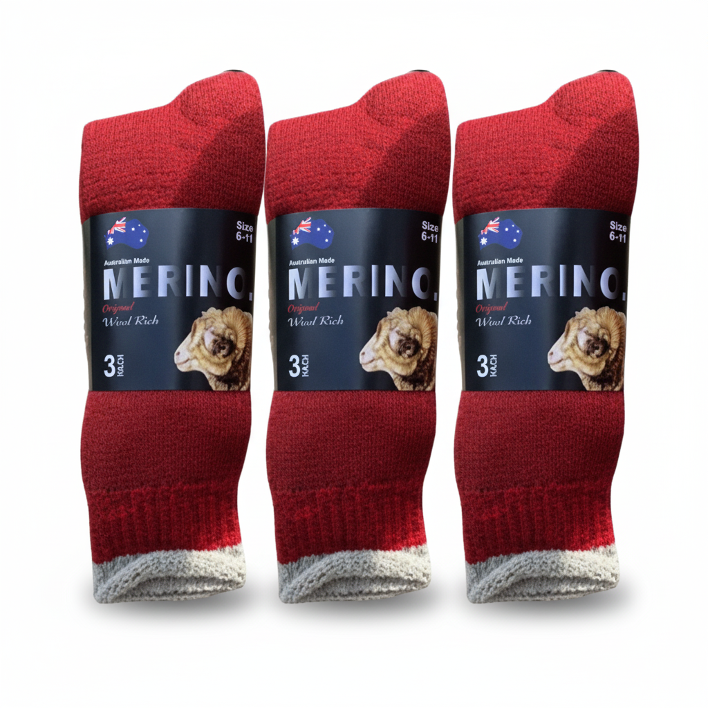 3 Pairs MERINO WOOL SOCKS Mens Heavy Duty Premium Thick Work Socks Cushion - Red - 11-14 V563-3AUSOCKS-RED-SZE11-14