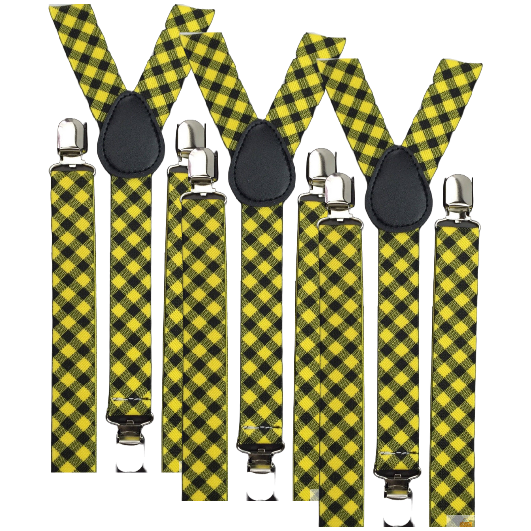 3x Mens Slim Suspenders Braces Adjustable Clip On - Black/Yellow Check V563-3SLIMSUSPENDERS-BLKYLWCHK