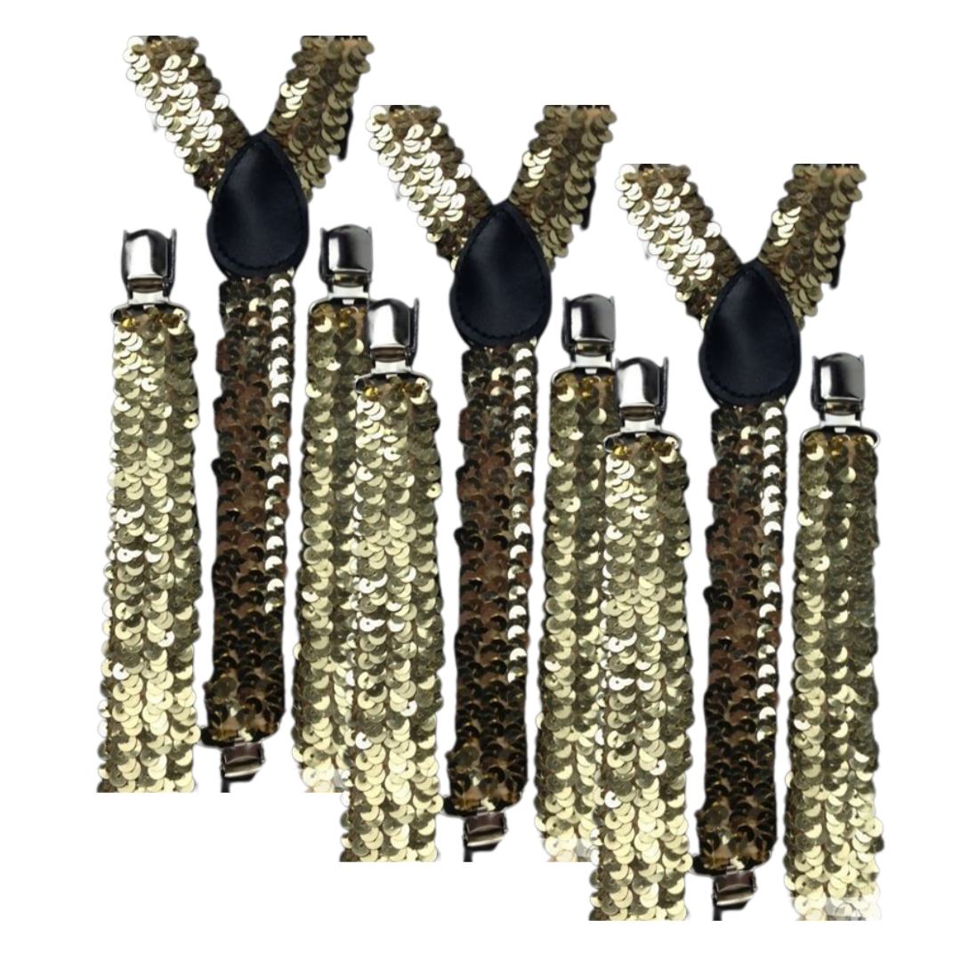 3x Mens Suspenders Braces Adjustable Strong Clip On Elastic Formal Wedding Slim - Gold (Sequin) V563-3SLIMSUSPENDERS-GLDSEQN