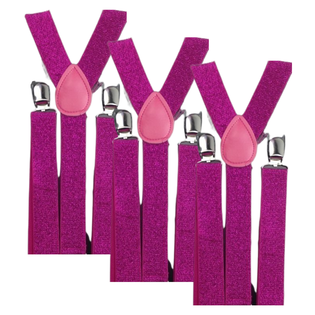 3x Mens Suspenders Braces Adjustable Strong Clip On Elastic Formal Wedding Slim - Hot Pink (Glitter) V563-3SLIMSUSPENDERS-HTPNKGLIT