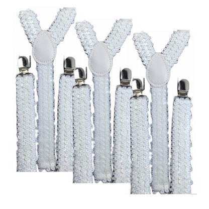 3x Mens Suspenders Braces Adjustable Strong Clip On Elastic Formal Wedding Slim - White (Sequin) V563-3SLIMSUSPENDERS-WHTSEQN