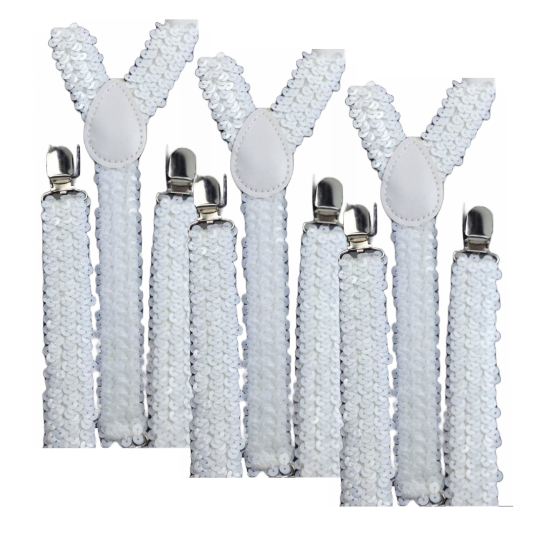 3x Mens Suspenders Braces Adjustable Strong Clip On Elastic Formal Wedding Slim - White (Sequin) V563-3SLIMSUSPENDERS-WHTSEQN