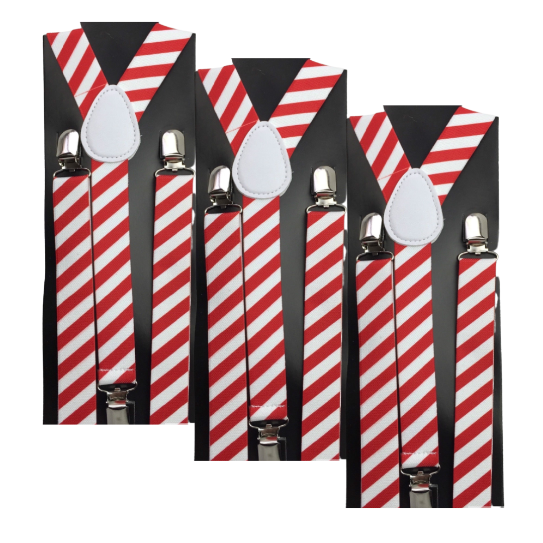 3x Mens Suspenders Braces Adjustable Strong Clip On Elastic Formal Wedding Slim - Red/White Diagonal Stripes V563-3SLIMSUSPENDREDWHTDIAGSTR