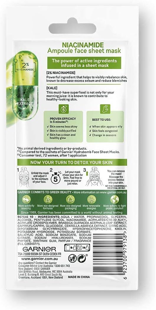 Garnier 15g Skin Active Ampoule Sheet Mask Kale/ Niacinamide V563-6923700979138