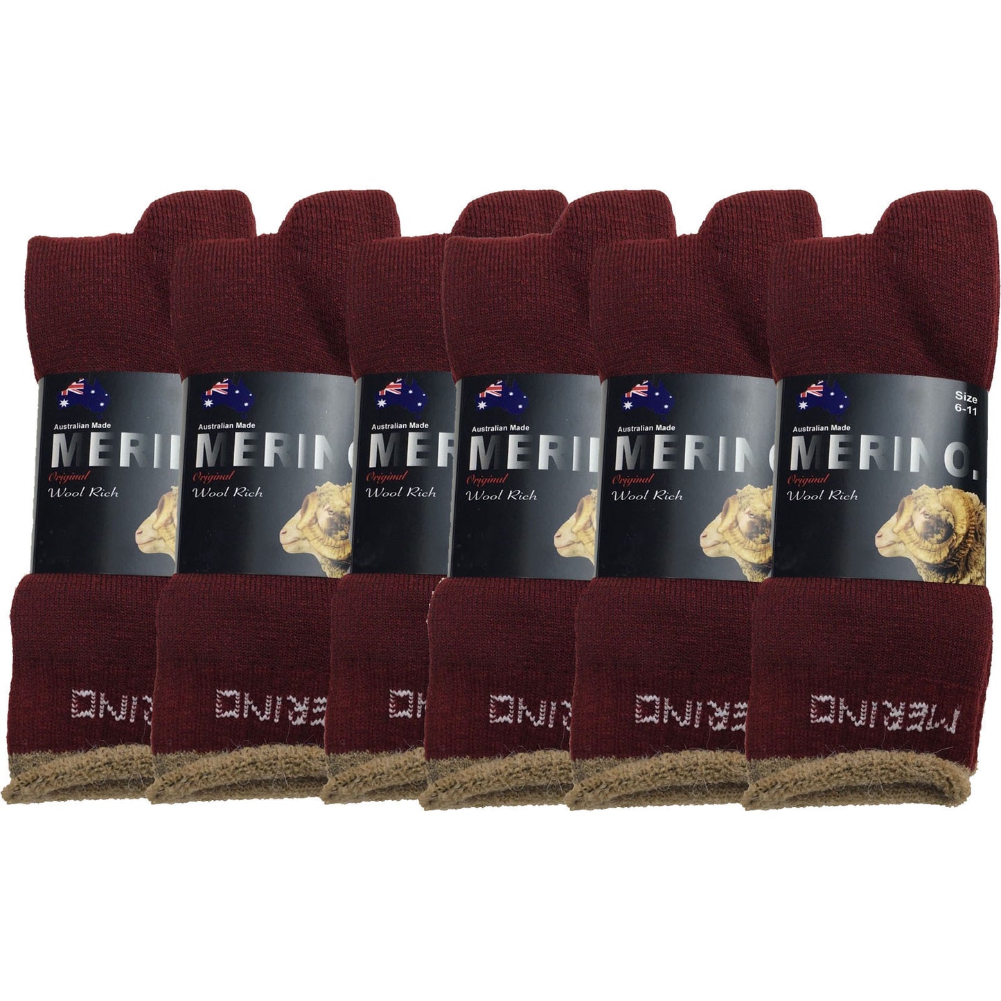 6 Pairs MERINO WOOL SOCKS Mens Heavy Duty Premium Thick Work Socks Cushion BULK - Burgundy - 6-11 V563-6AUSOCKS-BUR-6-11