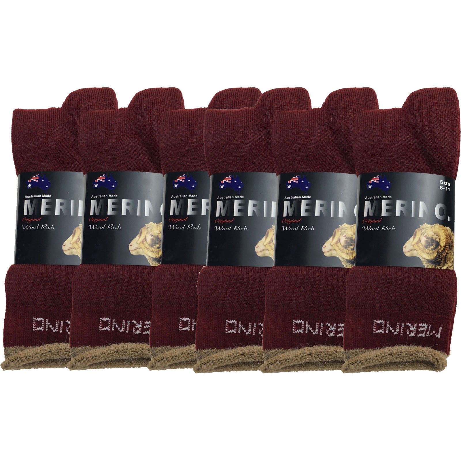 6 Pairs MERINO WOOL SOCKS Mens Heavy Duty Premium Thick Work Socks Cushion BULK - Burgundy - 6-11 V563-6AUSOCKS-BUR-6-11