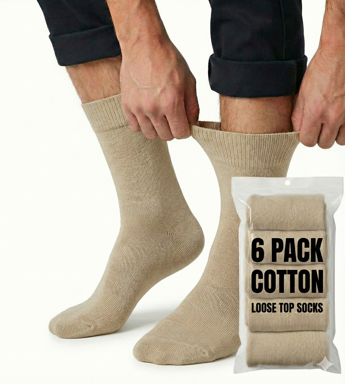 6x Pair COTTON Rich LOOSE TOP SOCKS Circulation Diabetic Comfort in Beige - 2-8 V563-6COTTONLTSOX-BGE2-8