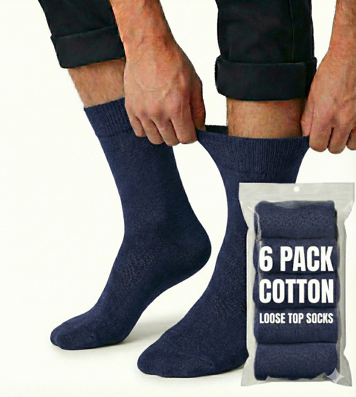 6x Pair COTTON Rich LOOSE TOP SOCKS Circulation Diabetic Comfort in Navy - 6-11 V563-6COTTONLTSOX-NVYBLU6-11