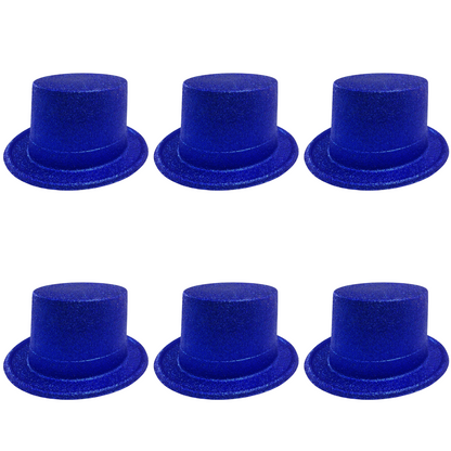 6x Glitter Top Hat Fancy Party Plastic Costume Tall Cap Fun Bulk - Blue V563-6GLTRTOPHAT-BLU