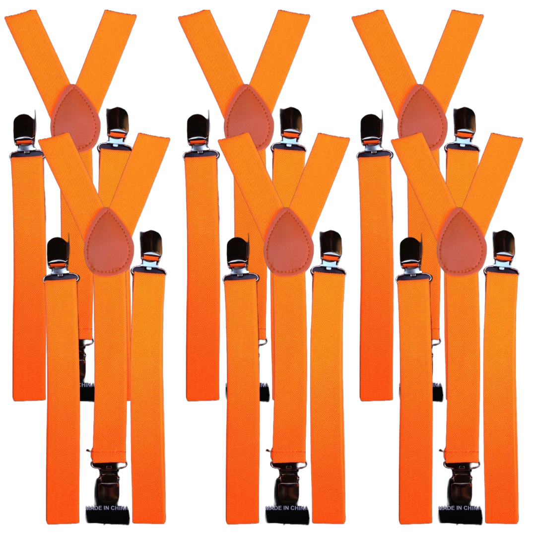 6x Mens Suspenders Braces Adjustable Strong Clip On Elastic Formal Wedding BULK - Fluro Orange V563-6SLIMSUSPENDERS-FLUORNG