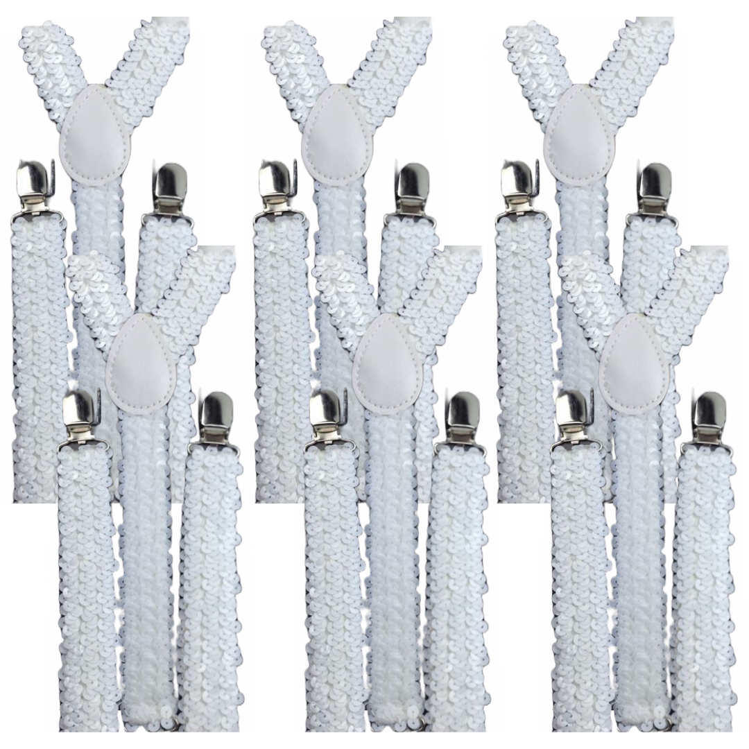 6x Mens Suspenders Braces Adjustable Strong Clip On Elastic Formal Wedding BULK - White (Sequin) V563-6SLIMSUSPENDERS-WHTSEQN