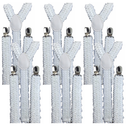 6x Mens Suspenders Braces Adjustable Strong Clip On Elastic Formal Wedding BULK - White (Sequin) V563-6SLIMSUSPENDERS-WHTSEQN