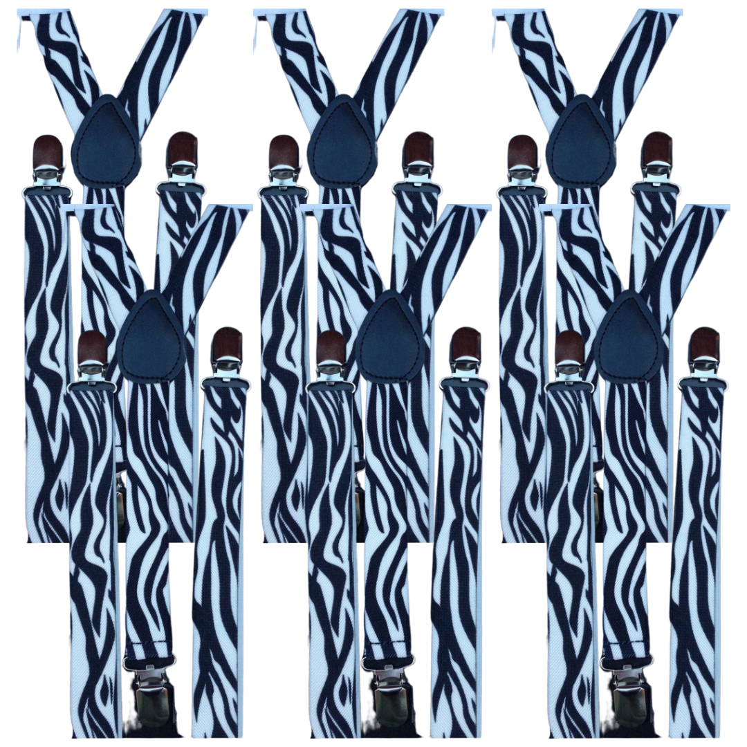 6x Mens Suspenders Braces Adjustable Strong Clip On Elastic Formal Wedding BULK - Zebra V563-6SLIMSUSPENDERS-ZEB