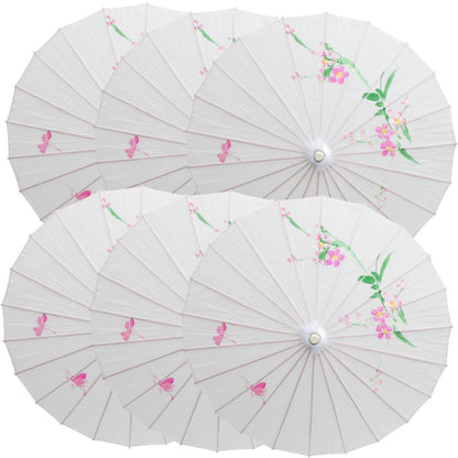 6x PARASOL UMBRELLA Chinese Japanese Bamboo Flower Pattern 80cm Large BULK - White V563-6XBR-PARUMB-WHT