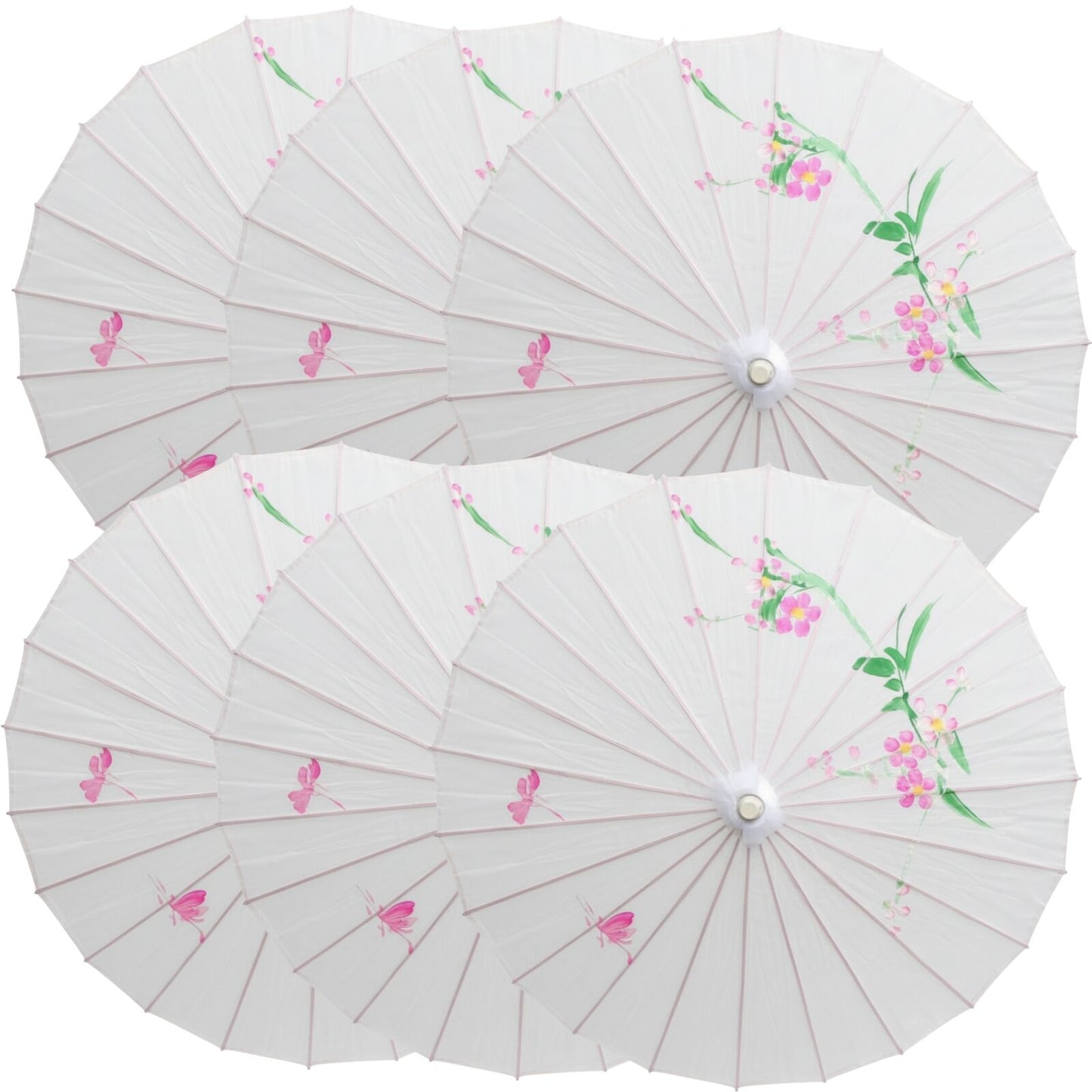 6x PARASOL UMBRELLA Chinese Japanese Bamboo Flower Pattern 80cm Large BULK - White V563-6XBR-PARUMB-WHT