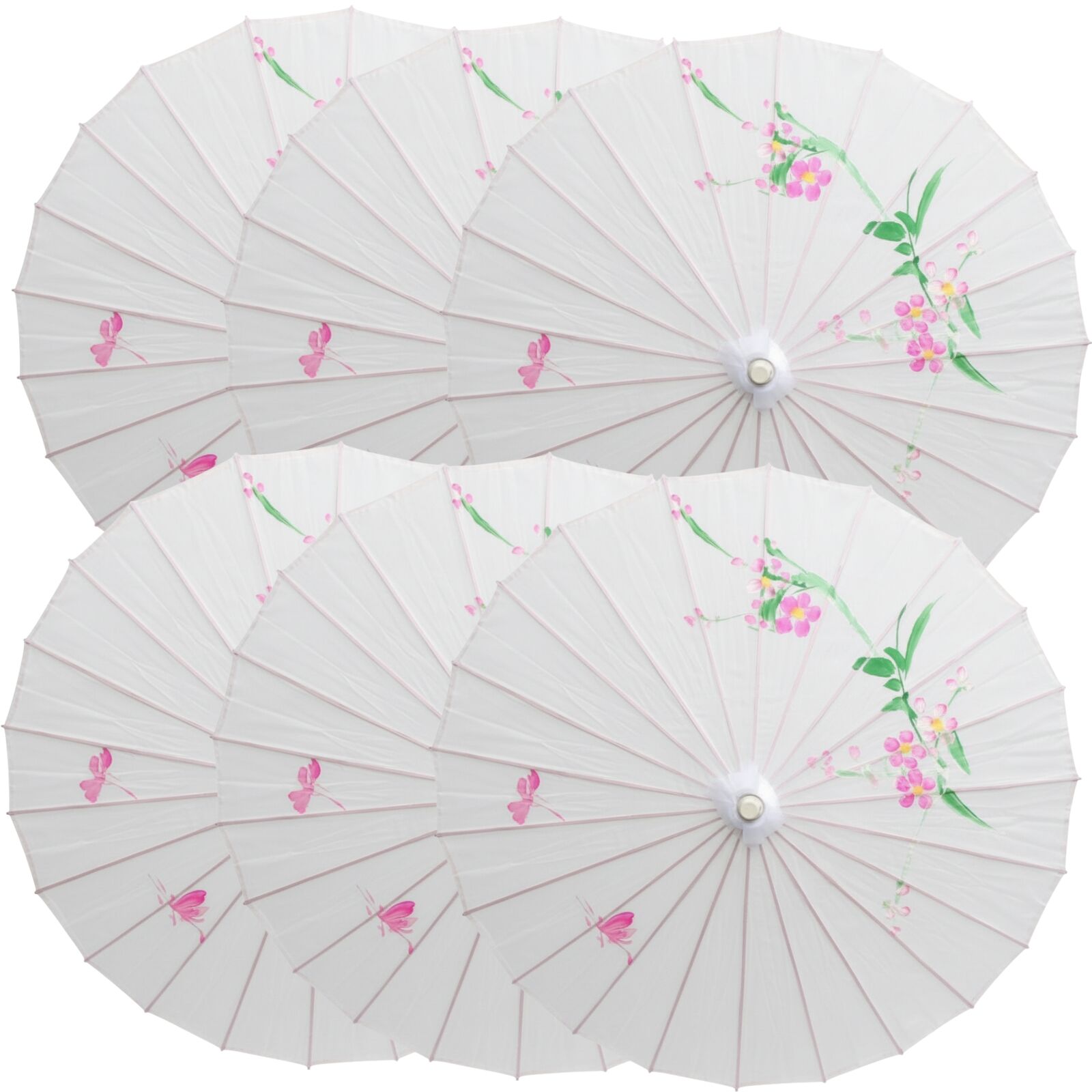 6x PARASOL UMBRELLA Chinese Japanese Bamboo Flower Pattern 80cm Large BULK - White V563-6XBR-PARUMB-WHT