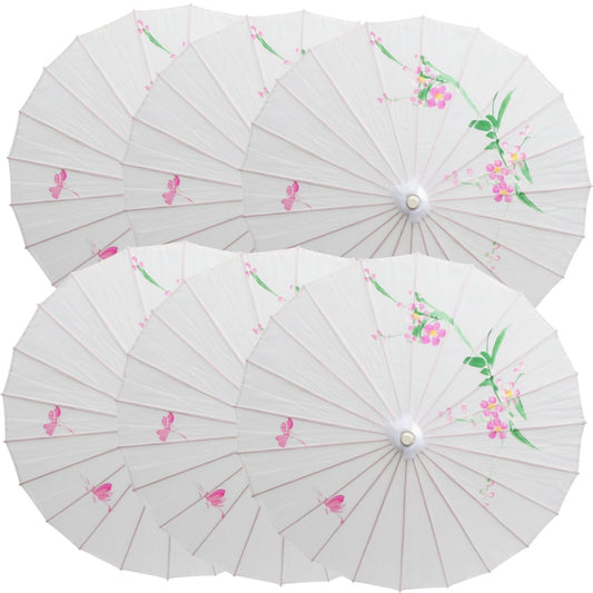 6x PARASOL UMBRELLA Chinese Japanese Bamboo Flower Pattern 80cm Large BULK - White V563-6XBR-PARUMB-WHT