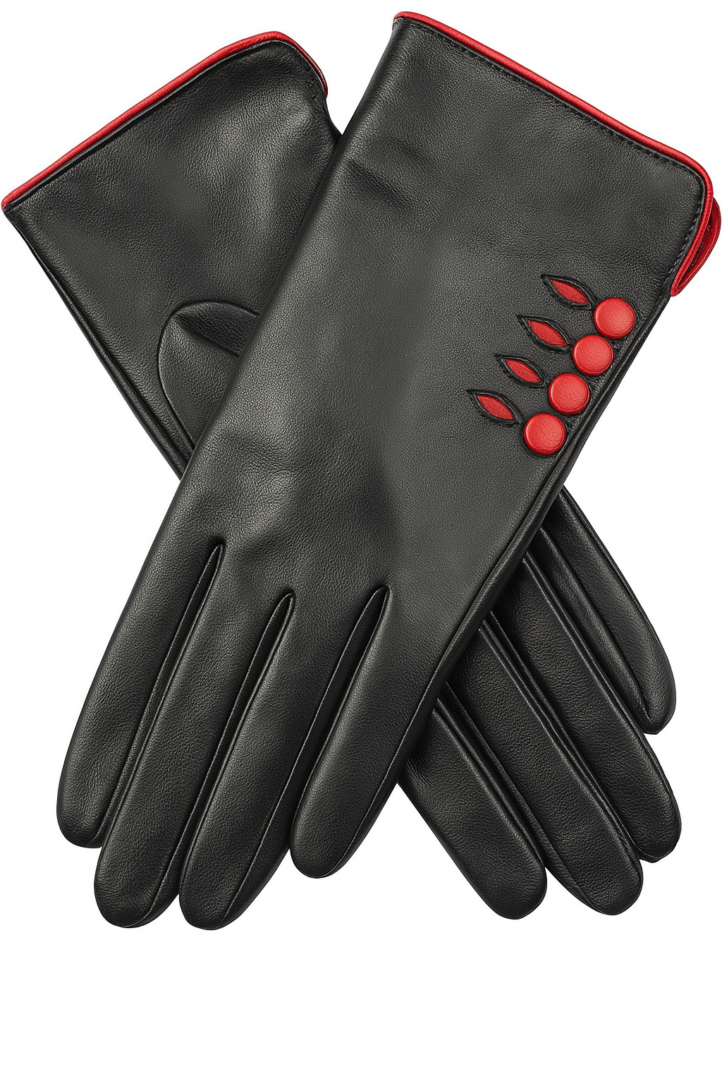Dents Womens Leather Gloves w/ Button Detail Piped Cuff & Silk Feel Lining - Black/Berry - Large V563-7-6009-BLACK_BERRY-L