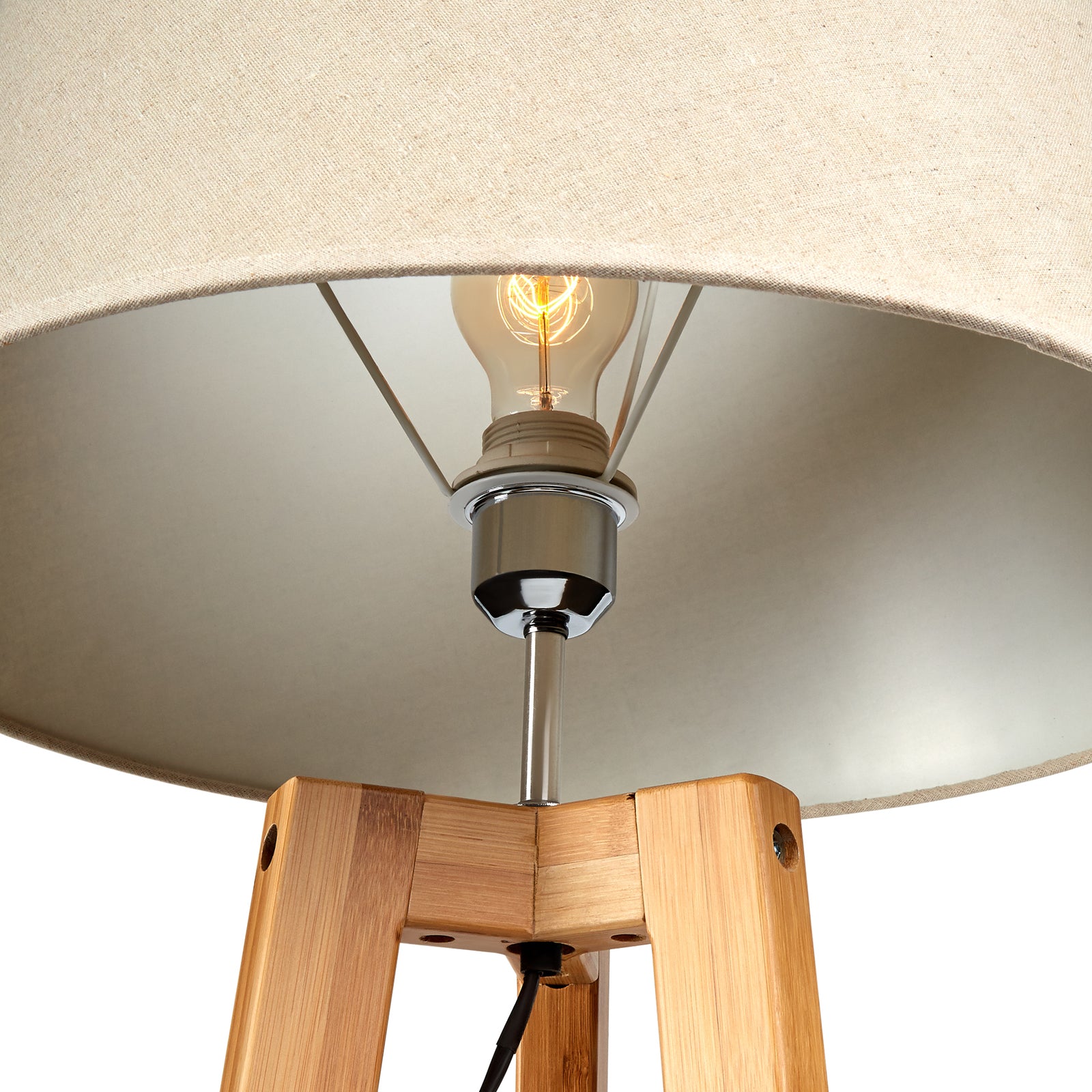 155cm Large Bamboo Wooden Tripod Floor Lamp w Beige Linen Light Shade V563-75131