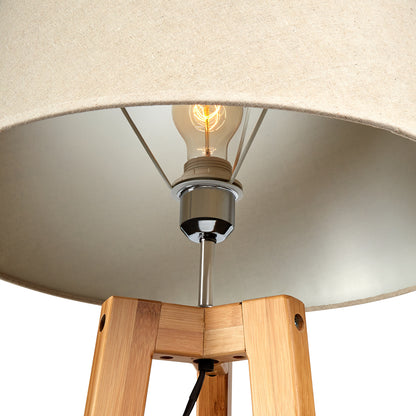 155cm Large Bamboo Wooden Tripod Floor Lamp w Beige Linen Light Shade V563-75131