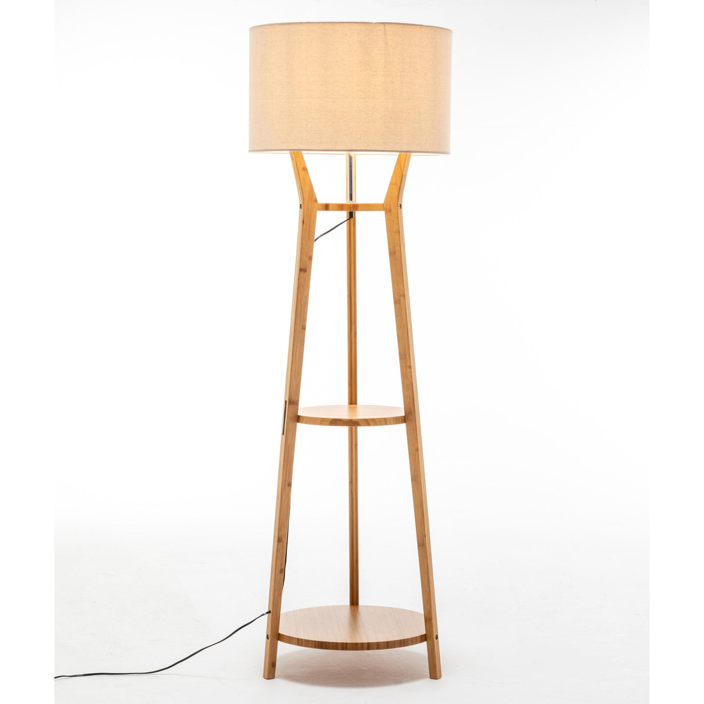 168cm Large Bamboo Wooden Tripod Floor Lamp Light Modern Linen Shade w Shelves V563-75140