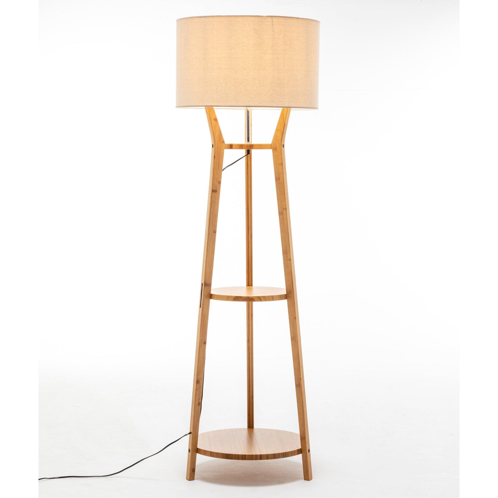 168cm Large Bamboo Wooden Tripod Floor Lamp Light Modern Linen Shade w Shelves V563-75140