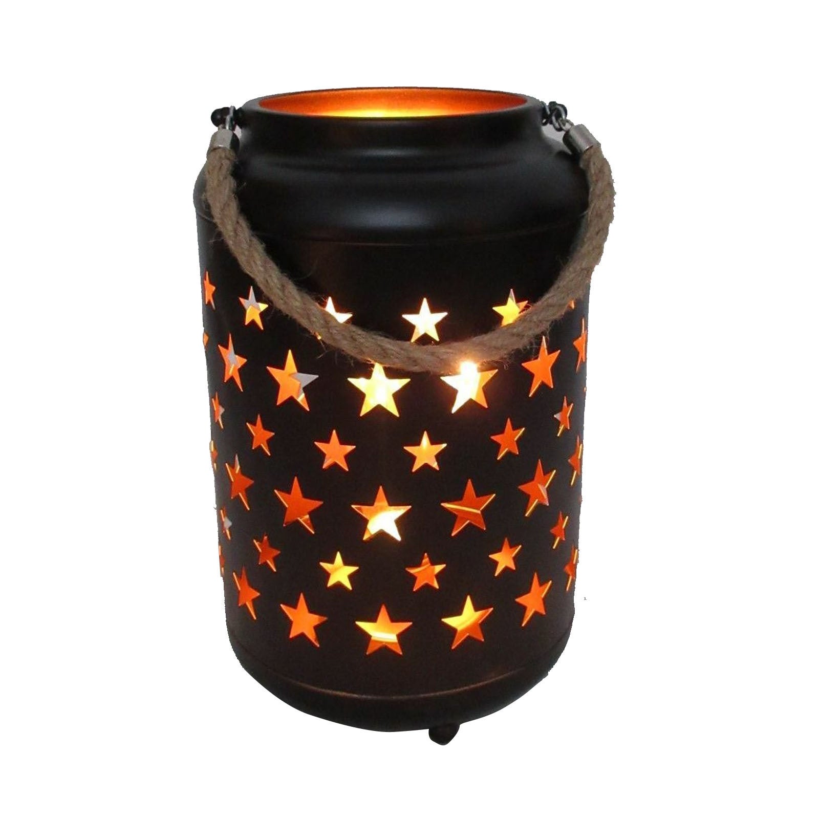 25cm Metal LED Lantern Light w Rope Hanger Star Design Lamp - Large V563-75153