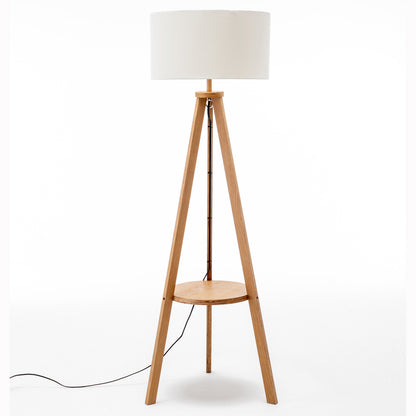 Natural Wooden Tripod Floor Lamp w/ Round Wood Shelf + Off White Linen Shade V563-75171