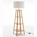 Eiffel 3 Tier Natural Wood Floor Lamp w/ Storage Shelves + Off White Linen Shade V563-75173