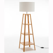 Eiffel 3 Tier Natural Wood Floor Lamp w/ Storage Shelves + Off White Linen Shade V563-75173